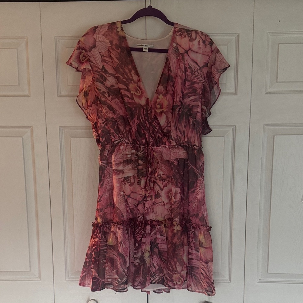 Guess Women's Pink Rosa Floral-Print Flutter-Sleeve Dress Size large - Picture 4 of 7